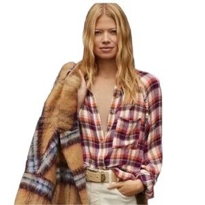 Anthropologie Pilcro Plaid Button Front Shirt Ruffle Trim Orange White Purple S